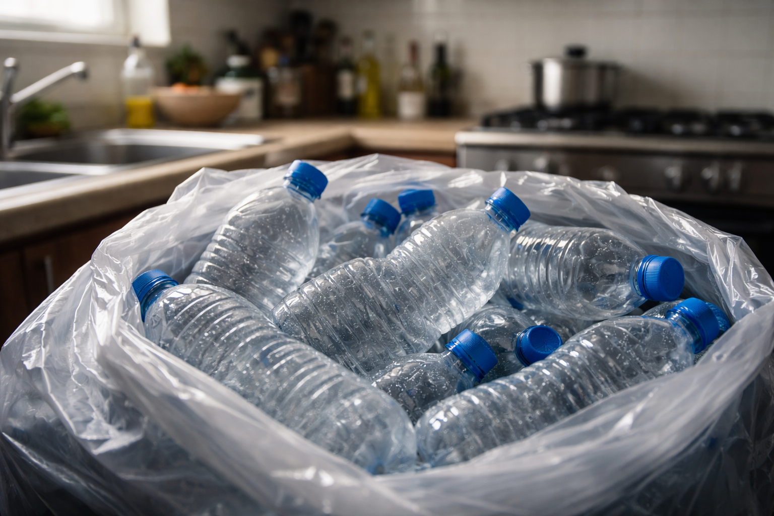 Residuos de botellas de agua plásticas de un solo uso acumuladas, impacto ambiental del consumo de agua embotellada
