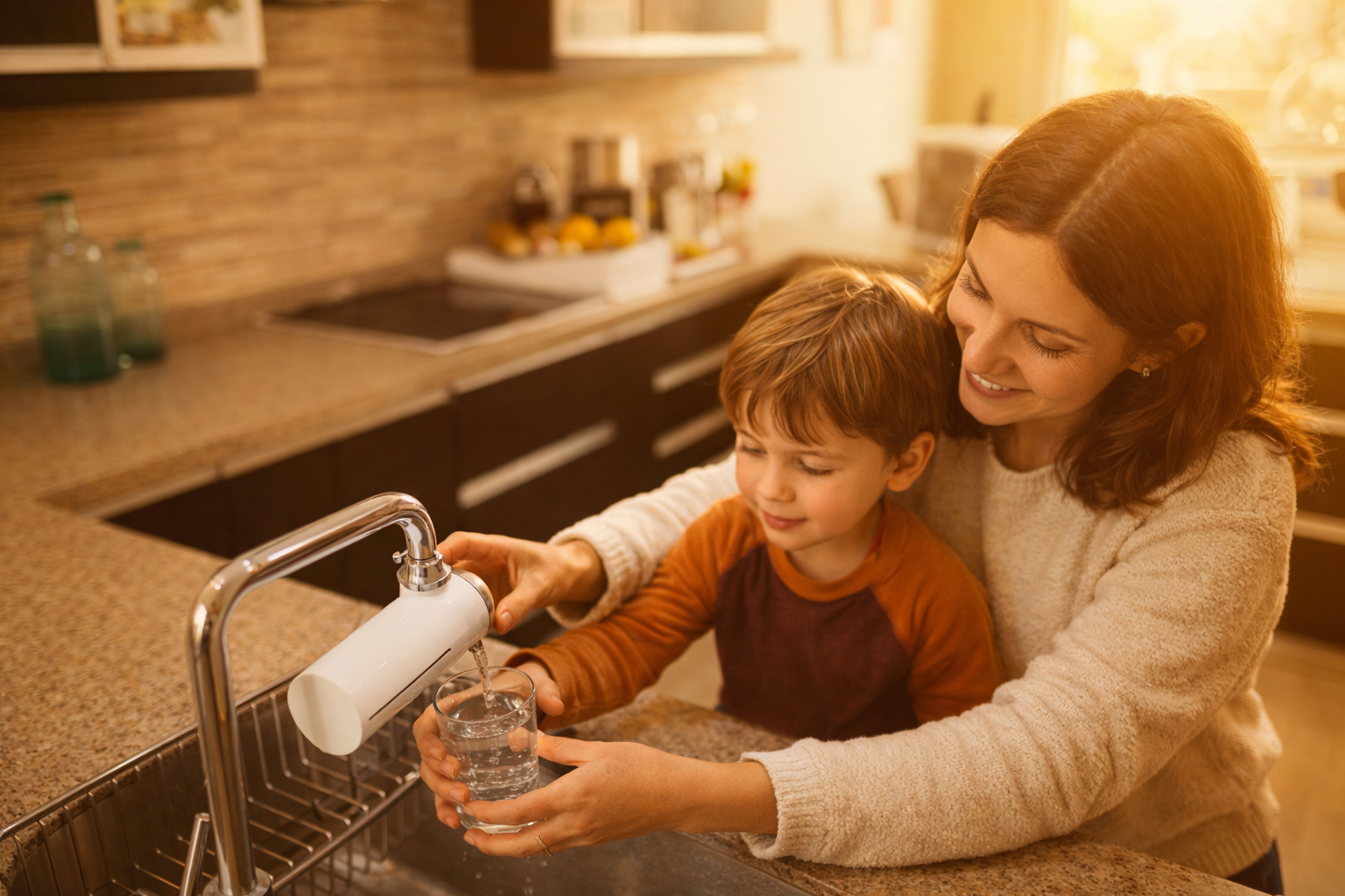 Madre y niño sirviéndose agua purificada con purificador de agua en casa
