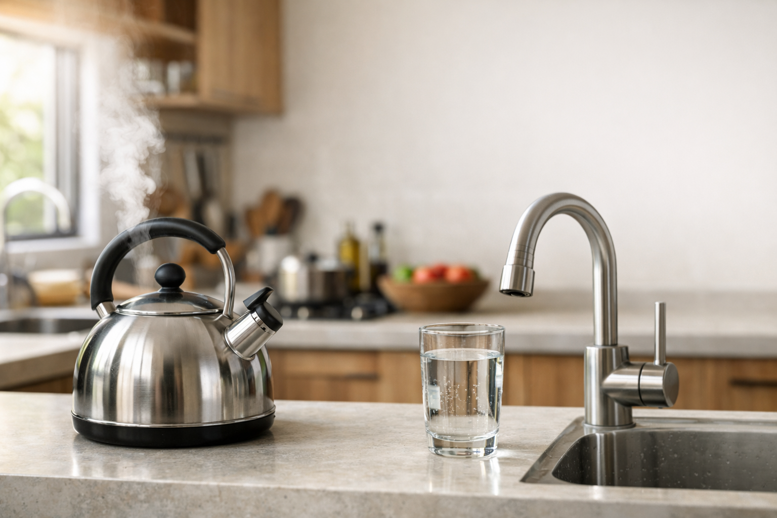 Vaso de agua junto a tetera hirviendo en cocina, comparación entre purificar o hervir el agua en casa.