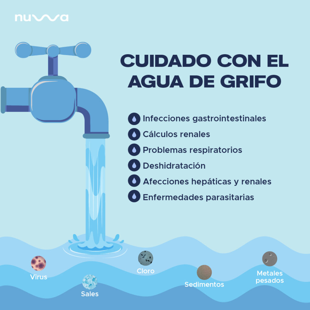 Infografía sobre cuidado con el agua de grifo y riesgos por cloro, sedimentos y contaminación en casa.