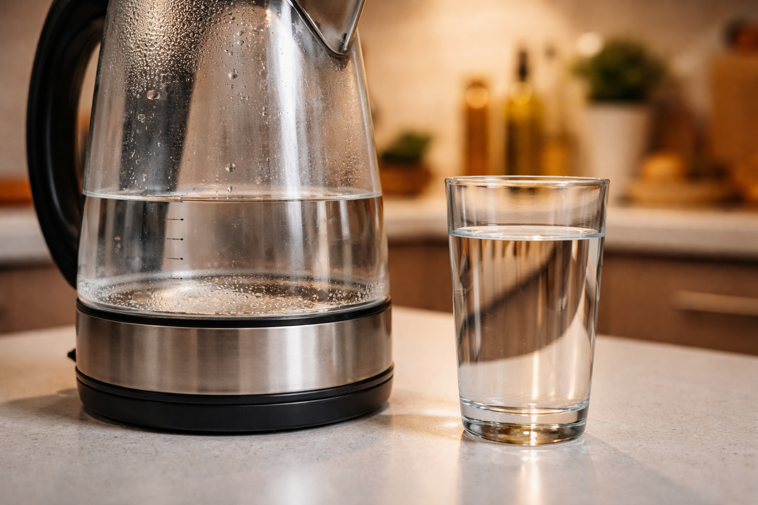 Hervir o purificar el agua: vaso de agua junto a un hervidor en cocina, comparación para elegir la mejor opción en casa.